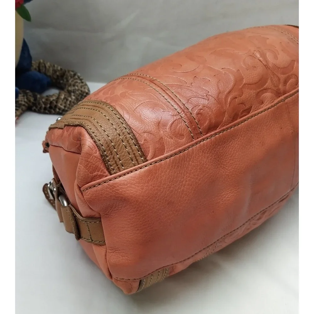 Fossil Orange Leather Floral Double Handles Zipper Closure Satchel Shoulder Bag
